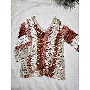 C EST 1946 Womens Size Large Cream Mauve Open Knit Sweater Tie Waist Bell Sleeve